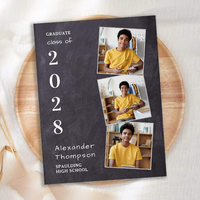 Rustic Chalkboard Customized 3 Photo Graduation Announcement Postcard (Creator Uploaded)