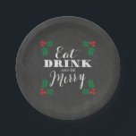 Rustic Chalkboard Eat Drink and Be Merry Christmas Paper Plate<br><div class="desc">Celebrate the holiday season with festive "Eat, Drink, and Be Merry" paper plates. These beautiful, Christmas plates feature trendy typography, a rustic chalkboard background, and red and green holly berries. The stylish paper plates are perfect to use for Christmas parties and dinners. To give the paper plates a more custom...</div>