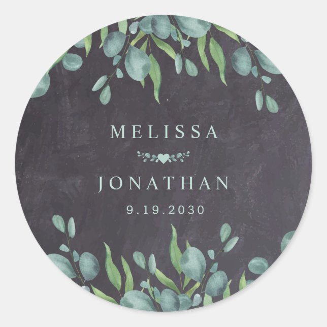  Rustic Chalkboard Eucalyptus Greenery Wedding Classic Round Sticker (Front)