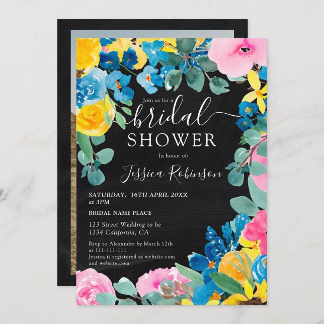 Rustic chalkboard floral photo bridal shower invitation (Front/Back)
