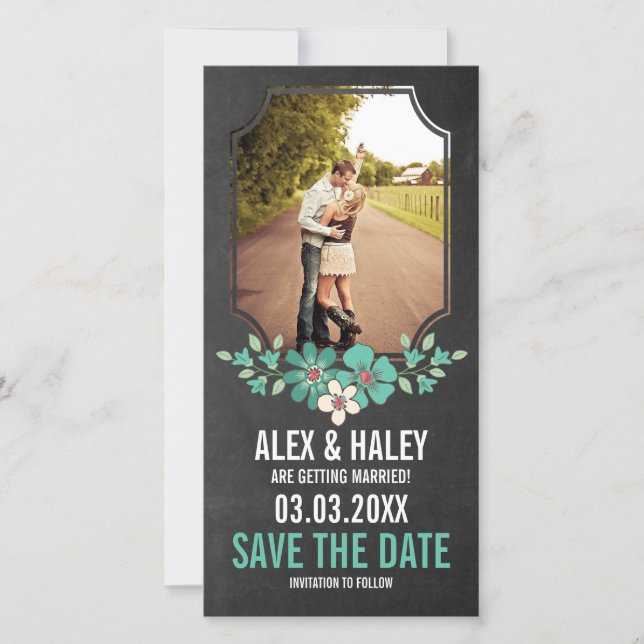 Rustic Chalkboard Floral Save the Date Photo Card (Front)