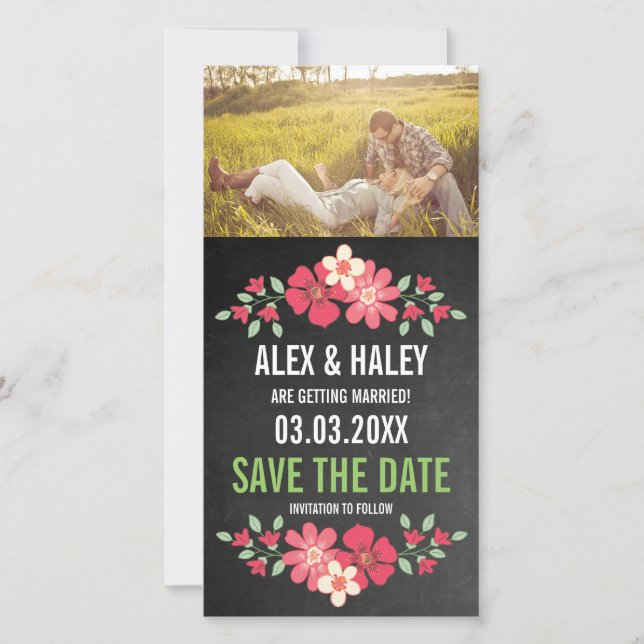 Rustic Chalkboard Floral Save the Date Photo Card (Front)