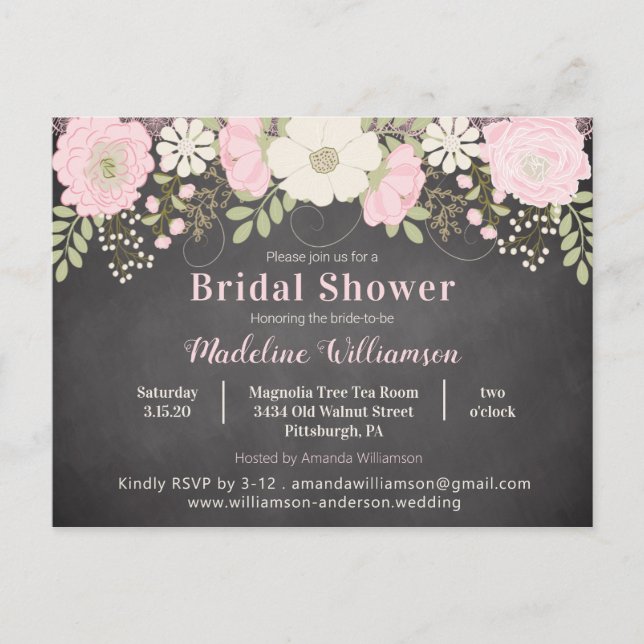 Rustic Chalkboard Flowers Bridal Shower Invitation Postcard (Front)