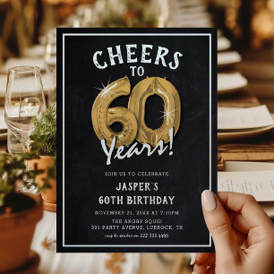 Rustic Chalkboard Gold Balloons 60th Birthday Invitation