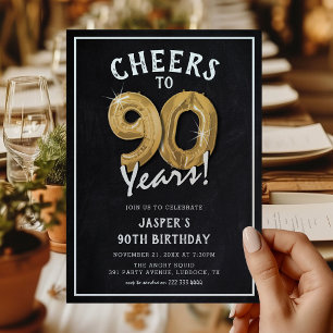 Rustic Chalkboard Gold Balloons 90th Birthday Invitation
