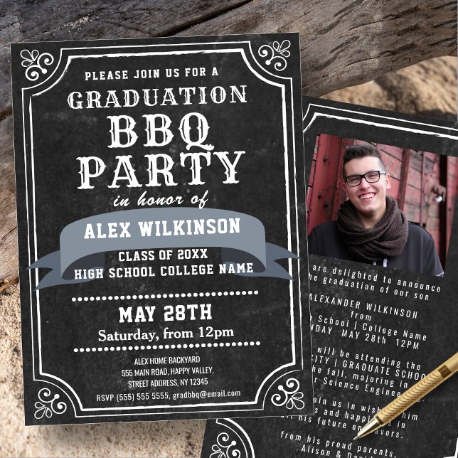 Rustic Chalkboard Graduation BBQ Party Photo Invitation (Creator Uploaded)