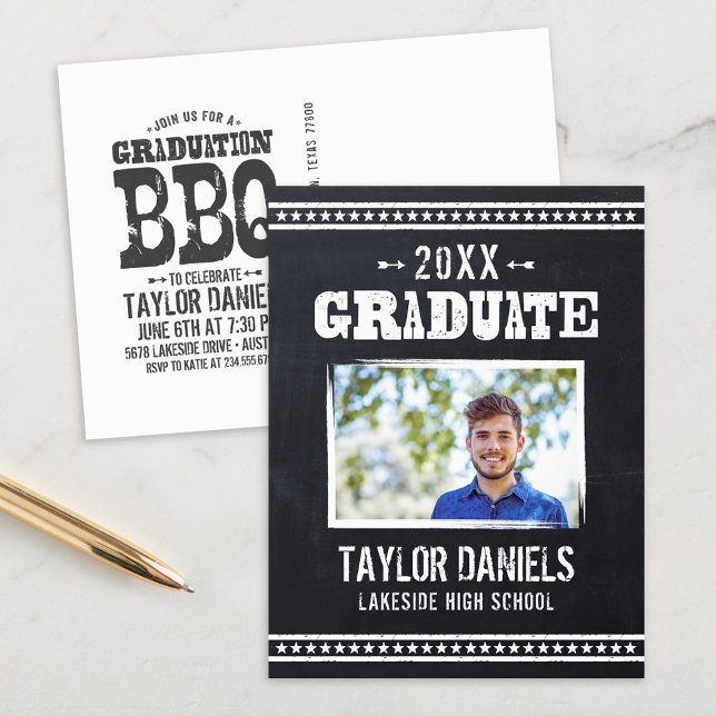 Rustic Chalkboard Graduation Photo BBQ Invitation (Creator Uploaded)