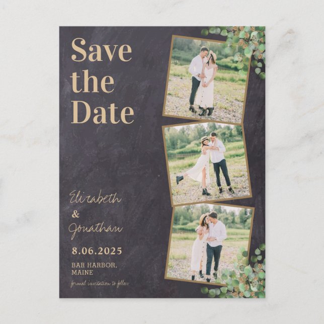 Rustic Chalkboard Greenery 3 Photo Save The Date  Postcard (Front)