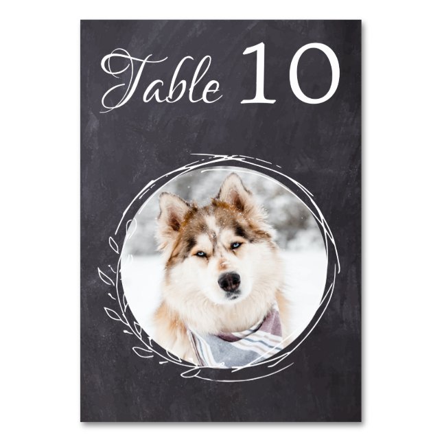 Rustic Chalkboard Greenery Dog Photo Pet Wedding  Table Number (Front)