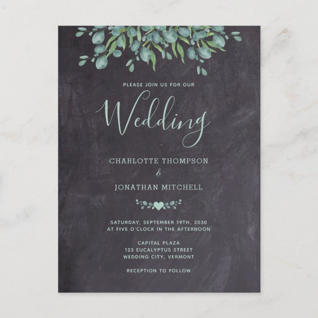 Rustic Chalkboard Greenery Eucalyptus Wedding Invitation Postcard (Front)