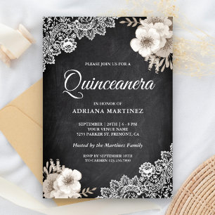Rustic Chalkboard Lace Ivory Floral Quinceanera Invitation