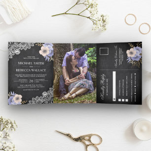 Rustic Chalkboard Lace Purple Floral Wedding Photo Tri-Fold Invitation