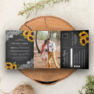 Rustic Chalkboard Lace Sunflower Wedding Photo Tri-Fold Invitation