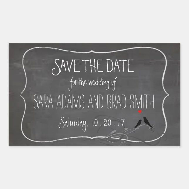Rustic Chalkboard Lovebirds Save the Date Stickers (Front)