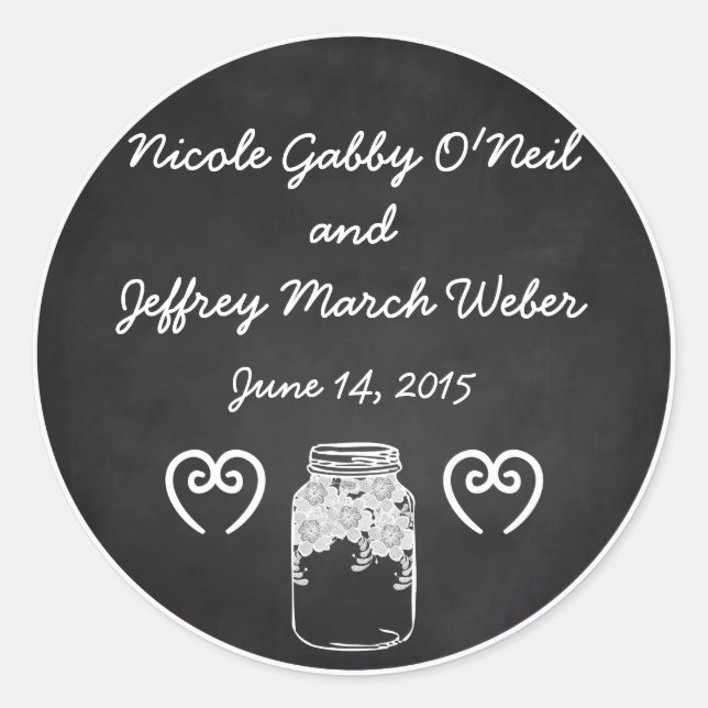 Rustic Chalkboard Mason Jar Custom Wedding Classic Round Sticker (Front)