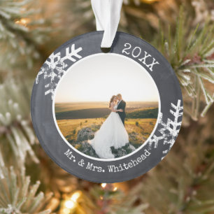 Rustic Chalkboard Newlywed Snowflake 1st Christmas Ornament