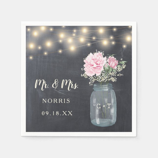 Rustic Chalkboard Peony Floral Mason Jar | Wedding Napkin (Front)