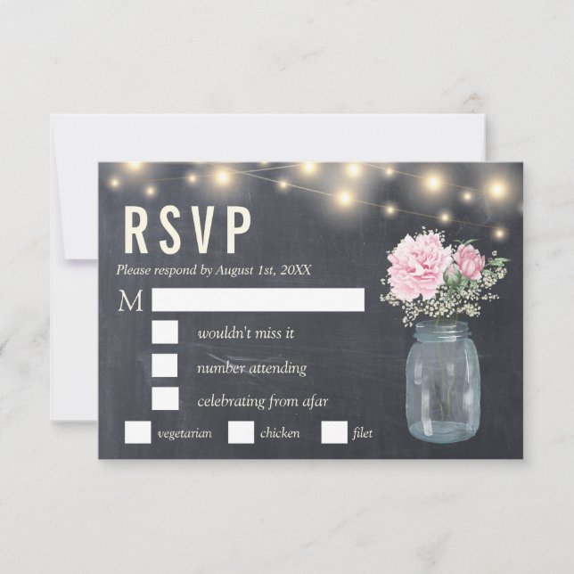 Rustic Chalkboard  Peony Floral Mason  | RSVP Meal Invitation (Front)