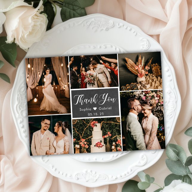 Rustic Chalkboard Photo Collage Wedding Thank You Postcard (Creator Uploaded)