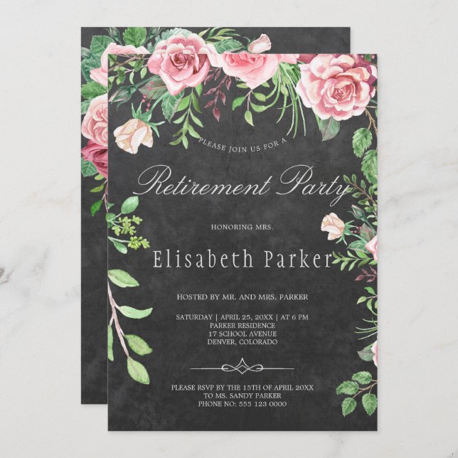 Rustic Chalkboard Pink Roses Retirement Party Invitation (Front/Back)