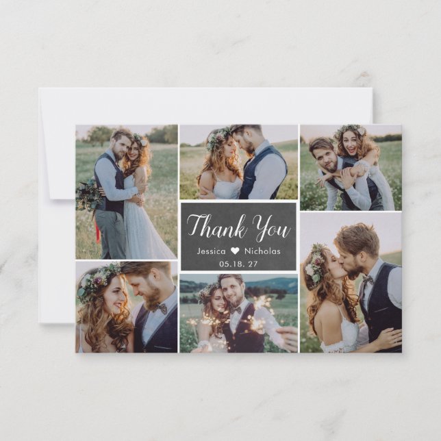 Rustic Chalkboard Script 6 Photo Collage Wedding Thank You Card (Front)
