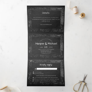 Rustic chalkboard script all in one wedding Tri-Fold invitation