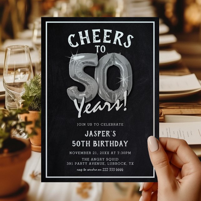 Rustic Chalkboard Silver Balloons 50th Birthday Invitation (Creator Uploaded)