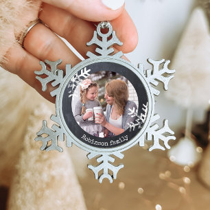 Rustic Chalkboard Snowflake Custom Photo Pewter Christmas Ornament