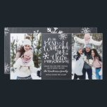 Rustic Chalkboard Snowflake Merry Christmas Photo Card<br><div class="desc">Beautiful typography based holiday photo card features a family photo. "It's the most wonderful time of the year" appears in white hand-lettered typography on a charcoal grey chalkboard background accented with white snowflakes. Customise the card with your personal greeting, family name along with individual names. On the back, the card...</div>