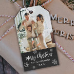 Rustic Chalkboard Snowflake Photo Christmas<br><div class="desc">Rustic Chalkboard Snowflakes Family Photo Christmas Gift Tags. Featuring a single photo with 'Merry Christmas' calligraphy and family name and year on black chalkboard background. The rustic snowy, minimalist design adds a touch of sophistication to your holiday gifts, ensuring they stand out this season! The displayed family photo is for...</div>