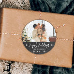 Rustic Chalkboard Snowflakes Photo Happy Holidays Classic Round Sticker<br><div class="desc">Rustic Chalkboard Snowflakes "Happy Holidays" Calligraphy Script Family Photo Christmas Holiday Round Sticker. Features family name and year,  cute snowflakes (snowy) on black chalkboard or blackboard background. Great for Mailing Accessories Envelope Seals and Gift Stickers.</div>