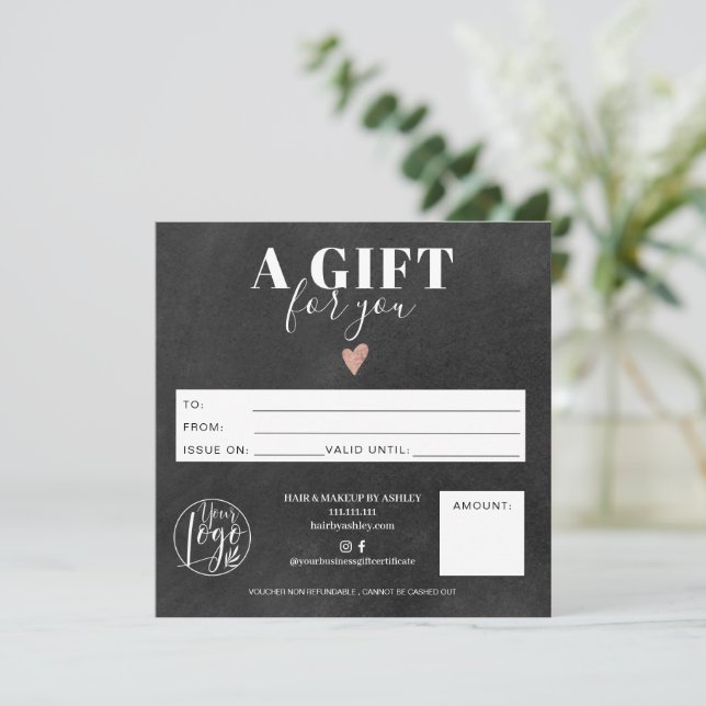 Rustic chalkboard square gift certificate logo (Standing Front)