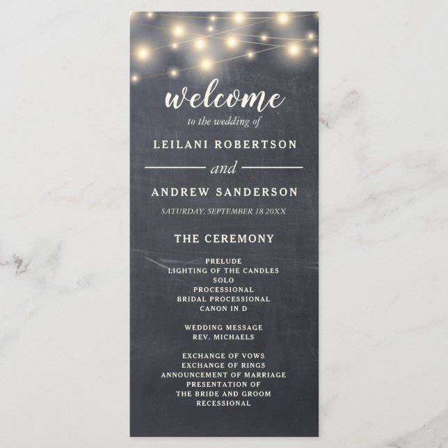 Rustic Chalkboard String Light Wedding Programme (Front)