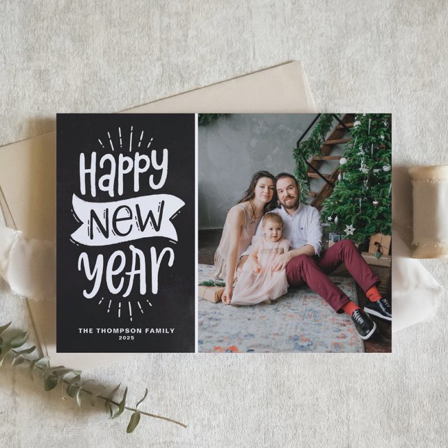 Rustic Chalkboard Typography Happy New Year Photo Holiday Card (Creator Uploaded)