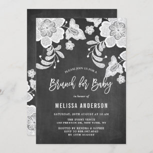 Rustic Chalkboard White Floral Lace Baby Brunch Invitation