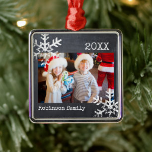 Rustic Chalkboard Winter Snowflake Photo Metal Tree Decoration