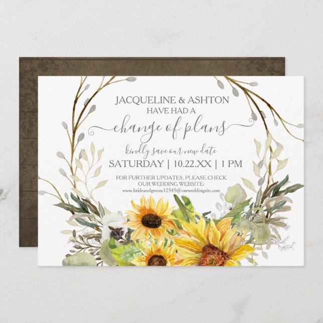 Rustic Change of Plans Script Sunflowers n Wood Invitation (Front/Back)