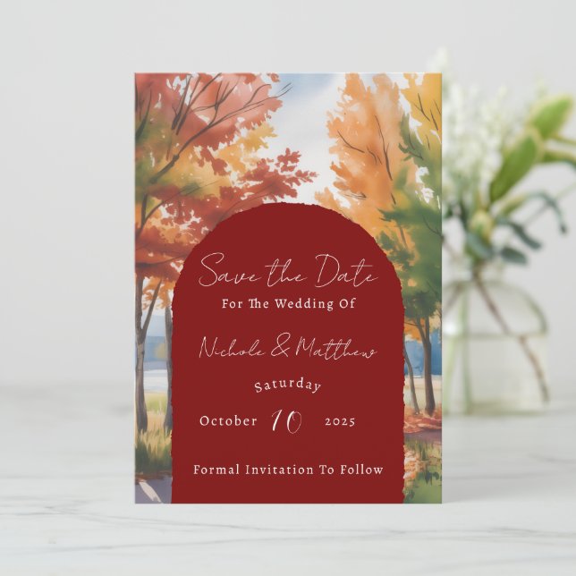 Rustic Changing of the Leaves Save the Date Invitation (Standing Front)