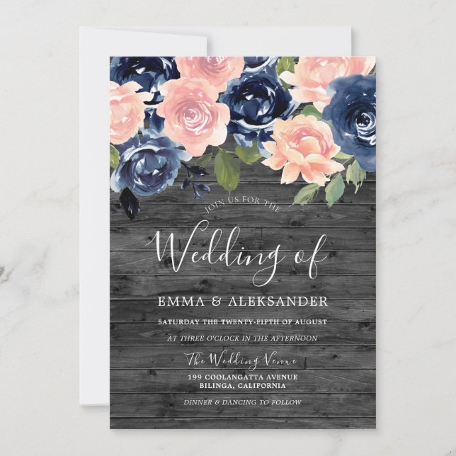 Rustic Charcoal Blush & Navy Floral Wedding Invitation (Front)