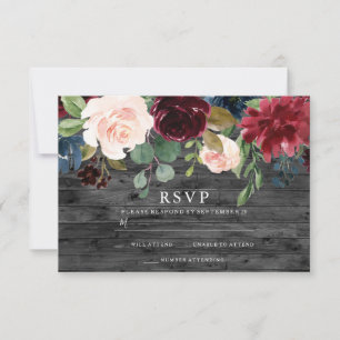 Rustic Charcoal Burgundy Red Blush Floral Wedding RSVP Card