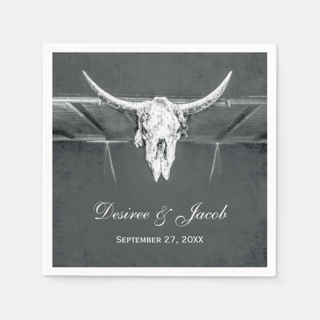 Rustic Charcoal Grey Western Texture Bull Skull Napkin (Front)