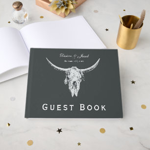 Rustic Charcoal Grey White Western Cow Skull Guest Book