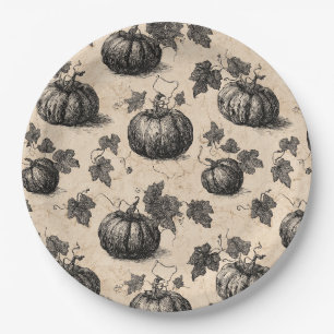 Rustic Charcoal Pumpkin and Vine Fall Paper Plate
