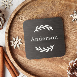 Rustic Charcoal Wood Laurel Monogram Name Coaster