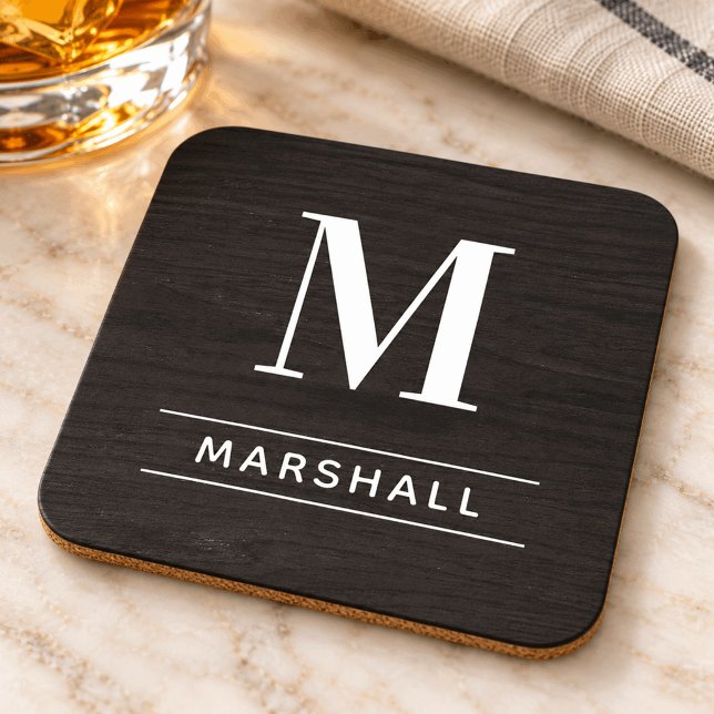 Rustic Charcoal Wood Serif Monogram Name Coaster (Creator Uploaded)