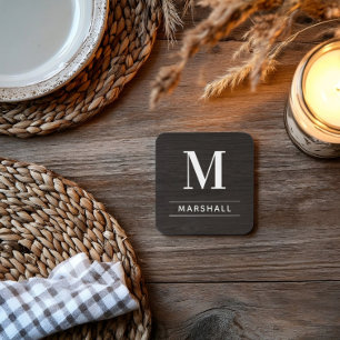 Rustic Charcoal Wood Serif Monogram Name Coaster