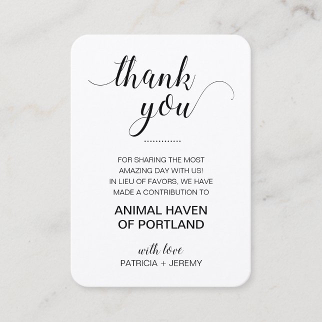 Rustic Charity Donation Thank You Wedding Place Card (Front)