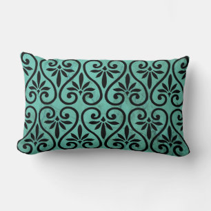 Rustic Charm Aqua and Black Floral Swirls Grunge Lumbar Cushion