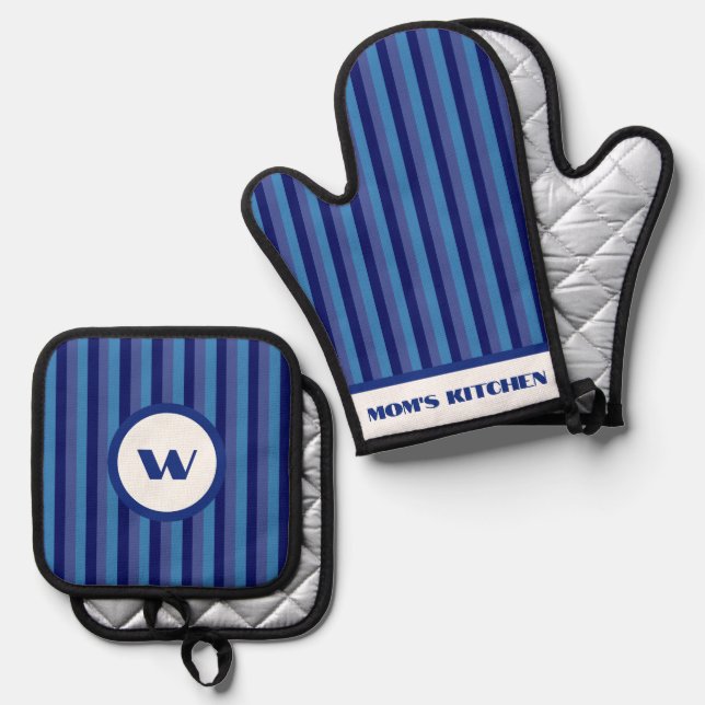 Rustic Charm Blue Striped Oven Mitt & Pot Holder Set (Front/Back)