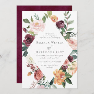 Rustic Charm Burgundy Blush Diamond Floral Wedding Invitation
